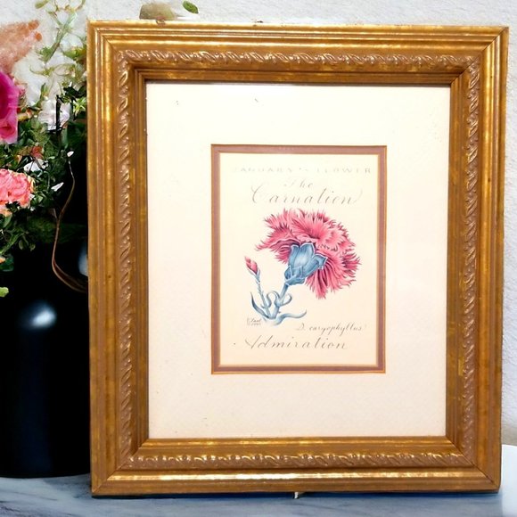 Lael Constance Other - Vintage Gold Frame Carnation January's Flower: Timeless Botanical Elegance 1995